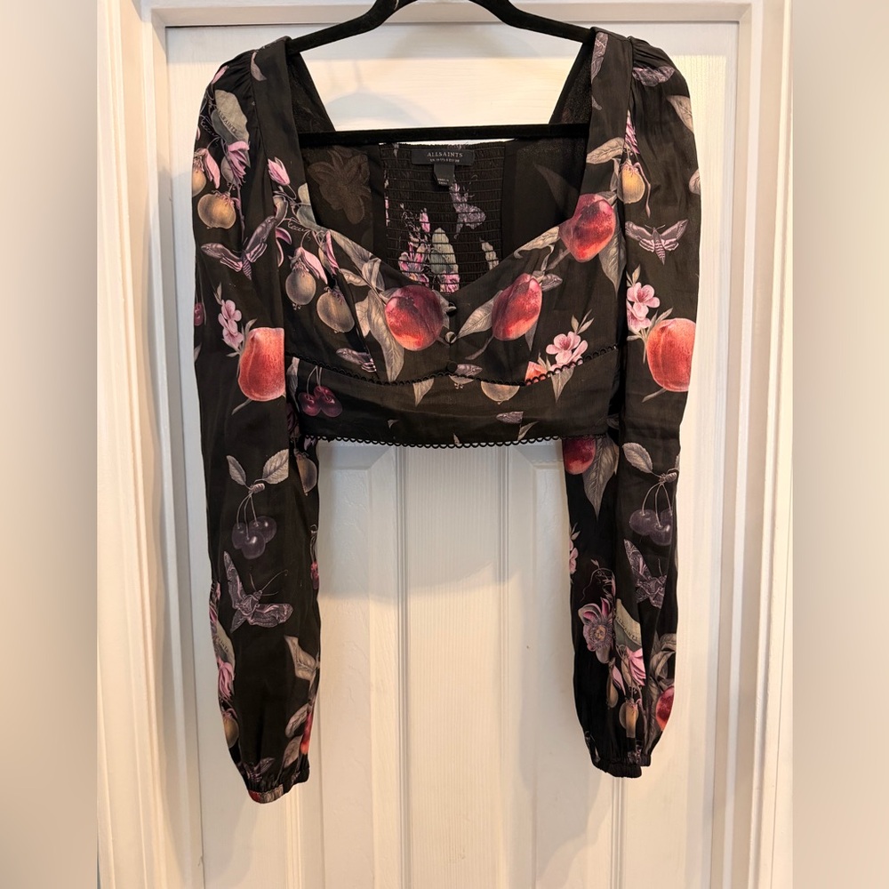 ALLSAINTS Ría Soleil Floral Fruit Sphynx Moth Long-Sleeve Crop Top
